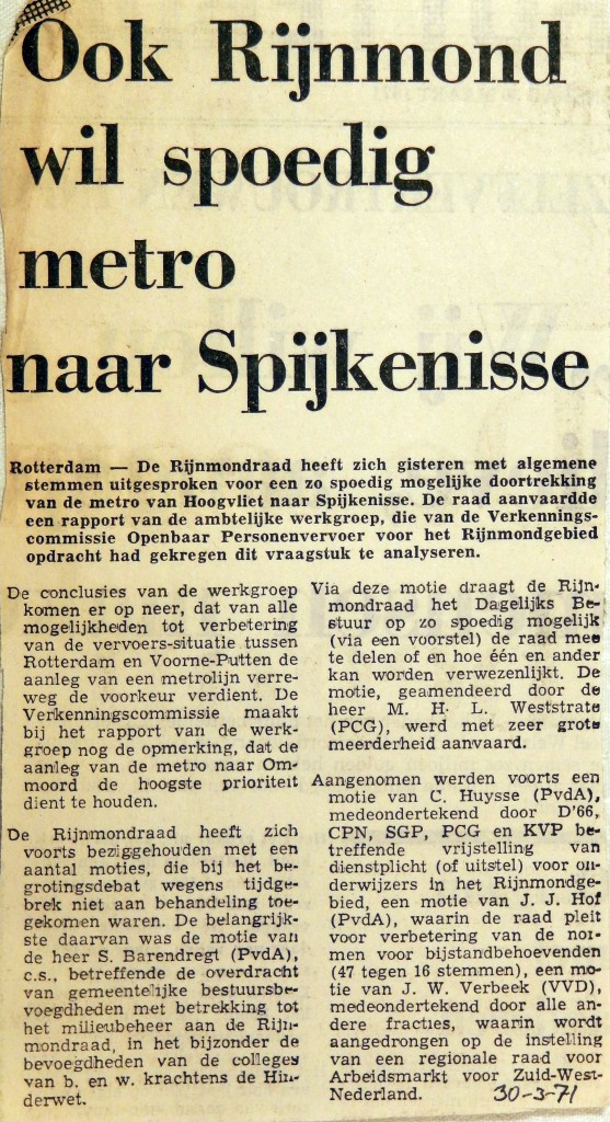 19710330 Ook Rijnmond wil spoedig metro naar Spijkenisse