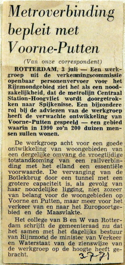 19710703 Metroverbinding bepleit met Voorne-Putten