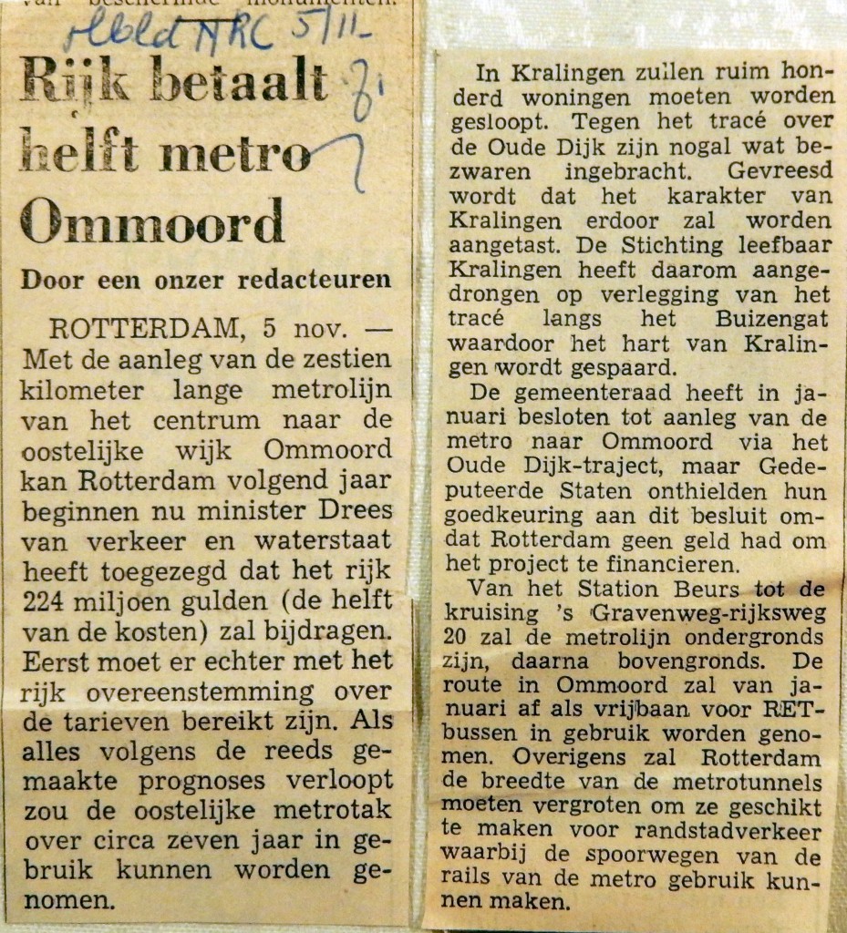 19711105 Rijk betaalt helft metro Ommoord (NRC)