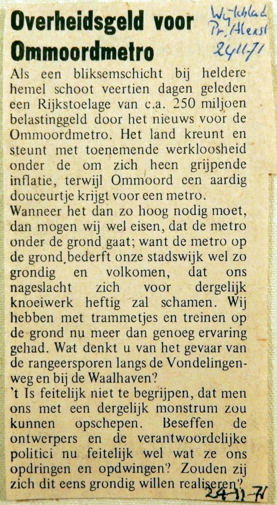19711124 Overheidsgeld voor Ommoordmetro (Wijkblad Alex)