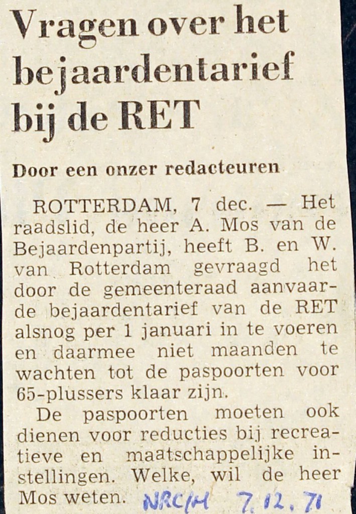 19711207 Vragen bejaardentarief. (NRC)