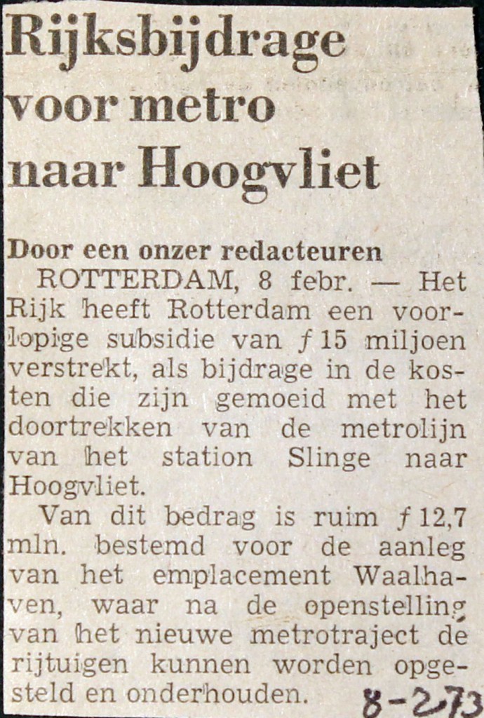 19730208 Rijksbijdrage metro Hoogvliet.