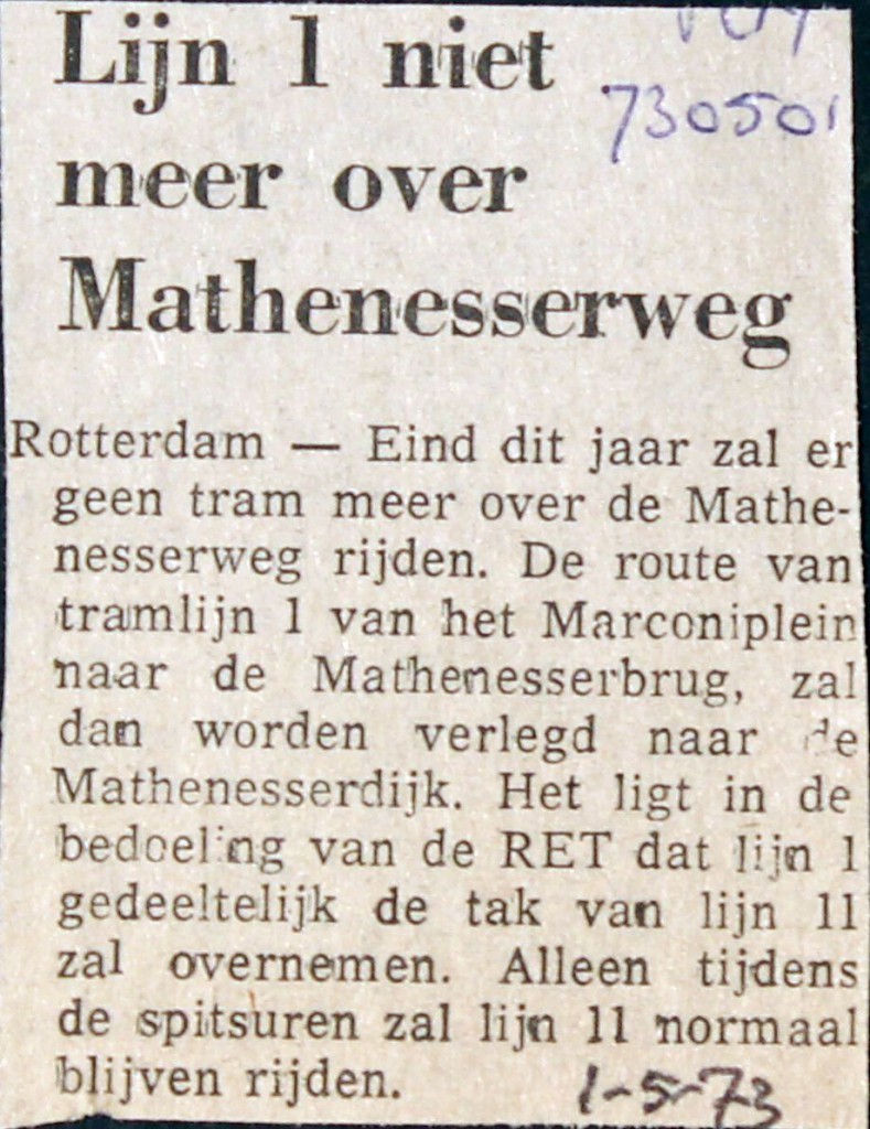 19730501 Lijn 1 niet over Mathenesserweg.