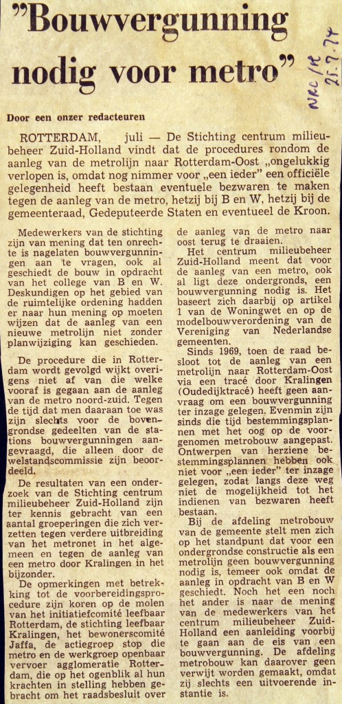 19740725 Bouwvergunning nodig metro. (NRC)