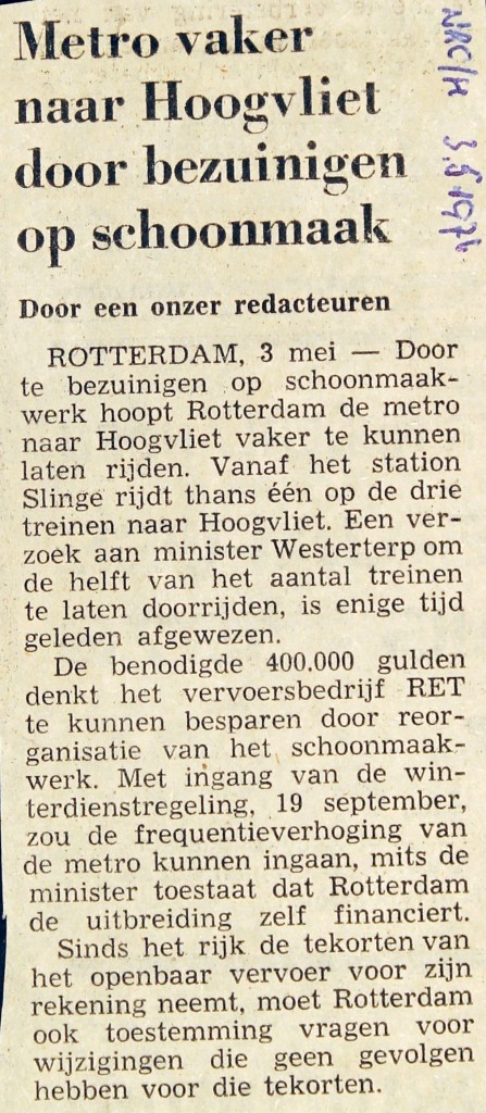 19760503 Metro vaker naar Hoogvliet. (NRC)
